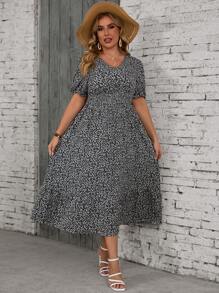 SHEIN VCAY Plus Size Summer Casual Short Sleeve Ditsy Floral Dress - Black and White - View 6