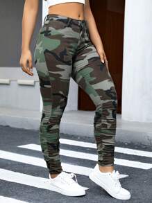 Women Stacked Elastic Skinny Camouflage Print Denim Pants - xanh quân đội - Xem 4