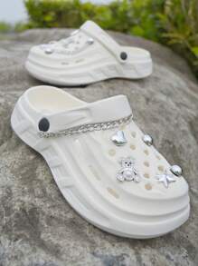 Fashionable New Silver Diamond Bear Sandals (DIY Accessories For Self-Installation), Women's Non-Slip Pool Beach Summer Home Slippers With Removable Decorative Thick-Bottomed Female Hole Shoes