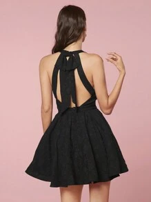 Enchnt Vestido de verano para mujer de cuello halter sin mangas y descubierto en la espalda en un solo color - Negro - Ver 2