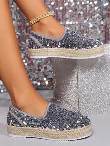 Giày lười lấp lánh phong cách mới Xuân/Hè 2024, Giày đế bệt thời trang dành cho nữ dành cho thường ngày và thể thao - Bạc - Xem 3