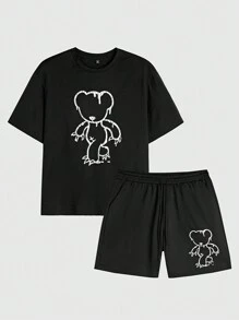 Manfinity VCAY 2pcs/Set Plus Size Men's Knitted Casual Short Sleeve T-Shirt Set, Suitable For Summer & Daily Wear , Going Out , Graphic , Bear , Plain - Black - View 2