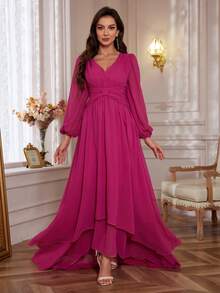 Lantern Sleeve High Low Hem Chiffon Formal Dress - Hot Pink - View 5