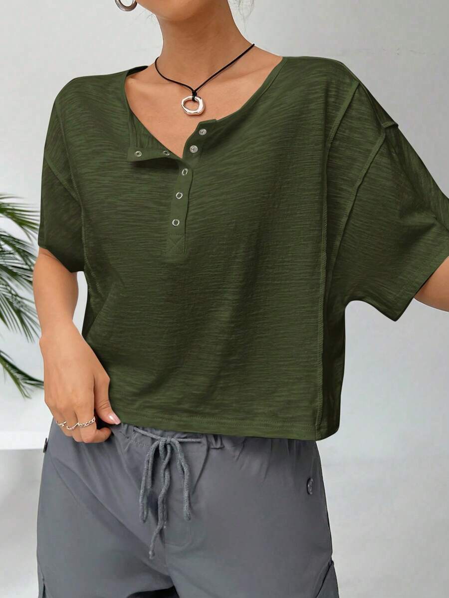 SHEIN EZwear Women Spring & Summer Casual Solid Color Drop Shoulder Loose T-Shirt - Olive Green - View 1