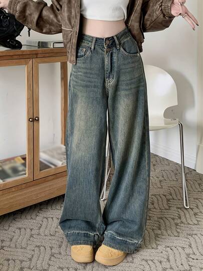 Women's Casual Wide Leg Loose Pocket Jeans