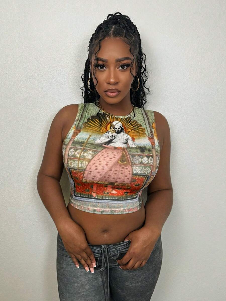 Slaydiva 夏季休閒假期圓領無袖截短款細身巴洛克肖像印花女式背心-E - 彩色 - 查看 1