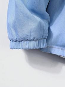 SHEIN Tween 男童牛仔效果休闲柔软连帽蓝色宽松长袖衬衫，适合返校服装 - 淺色水洗藍 - 查看 7