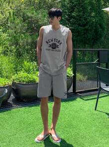 DAZY 男士夏季字母印花背心套裝 - 灰色 - 查看 5