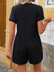 SHEIN LUNE Ladies Solid Color Round Neck Loose Casual Short Sleeve Romper,Casual - Black - View 2