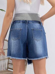 SHEIN Maternity Casual Fit Denim Shorts With Skirt Layer And Distressed Details, Blue