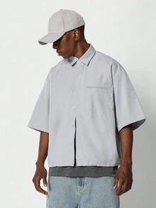 SUMWON Boxy Fit Bubble Hem Shirt With Back Graphic Print - Grey - View 2