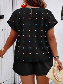 Calvaya Áo thun tay ngắn cổ tròn có kích thước lớn in ngẫu nhiên và quần short dây rút màu trơn, 2 cái/bộ trang phục thường ngày mùa hè - màu đen - Xem 2