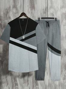 Manfinity Homme 男士撞色T恤&腰部抽繩衛褲 - 深灰色 - 查看 3