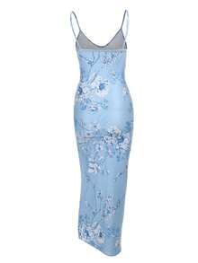 Vestido elegante de mujer de corte slim con estampado floral y sin mangas, para verano - Azul - Ver 2