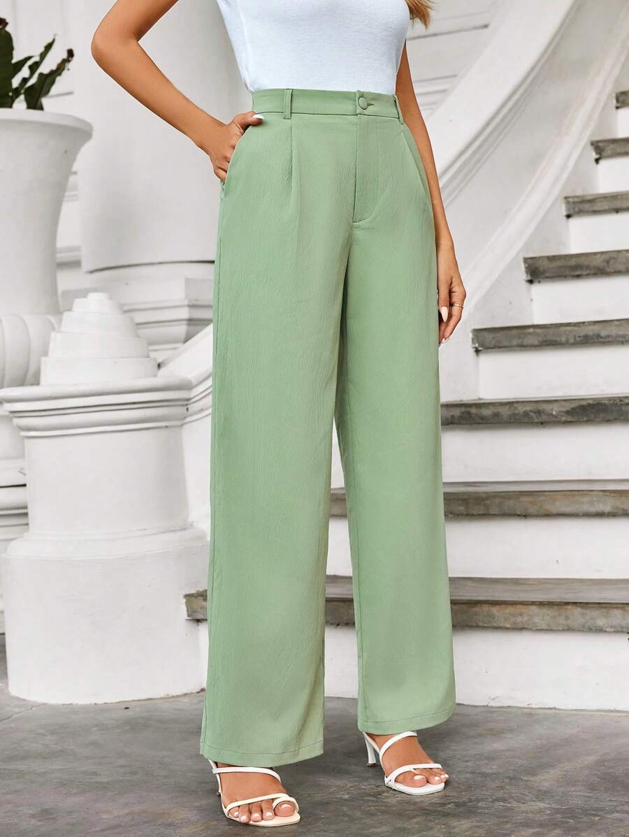 SHEIN Essnce Große Größen Sommerhosen für Damen, weite Beine Lässig Straight-Leg Hosen für Country Konzerte, grüne Schlupfhosen, Lehrerin - Grün - Übersicht 1