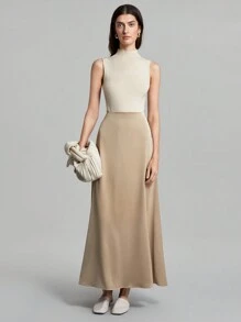 Ontre Women's 2025 Spring New Arrival Solid Color High Waist Satin Drape Skirt, Elegant Versatile Skirt