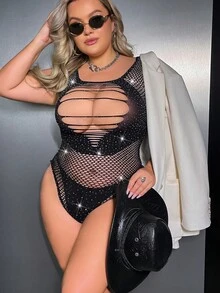 女式性感蕾絲連體襯衫，鑲嵌鑽石，空心網眼，大尺碼 - 黑色 - 查看 3