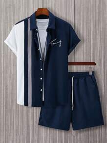 Manfinity Homme Bộ Áo Sơ Mi Nam In Hình Ngẫu Nhiên Và Quần Short Màu Trơn - Nhiều màu - Xem 7