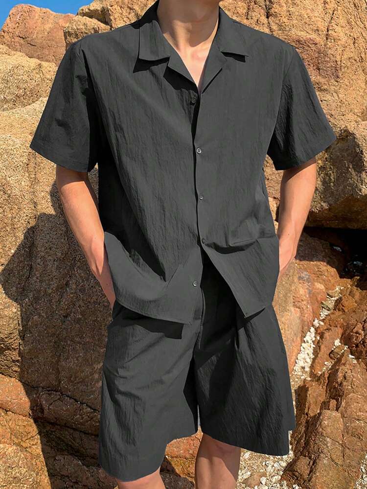 Men's Summer Solid Color Shirt Set