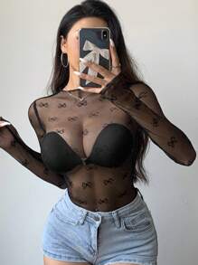 DAZY Camiseta de malla de manga larga transparente con estampado sencillo para uso diario y salir, blusas para mujer - Negro - Ver 2
