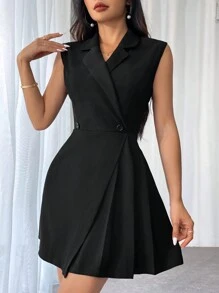 Firerie Ladies' Solid Color Sleeveless Dress With Suit Collar And Pleats, Summer - Grey - View 5