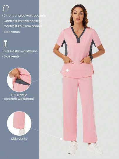 TaskEZ 對比色 V 領短袖上衣，胸前口袋和長褲裝扮成套裝，護士服套裝
