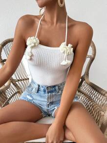SHEIN VCAY Women's Floral Decorated Sleeveless Camisole With Halter - White - View 6