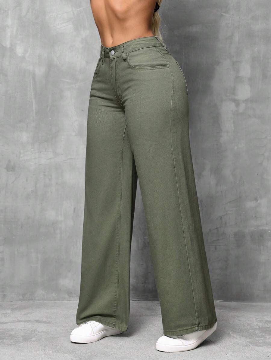 SHEIN SXY 女式寬鬆直筒口袋休閒牛仔褲 - 軍綠色 - 查看 1