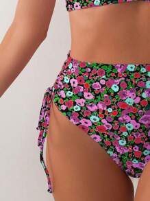 女士夏季沙灘小花肩扣性感比基尼套裝，隨機圖案印花 - 彩色 - 查看 6