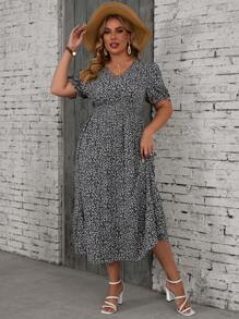 SHEIN VCAY Plus Size Summer Casual Short Sleeve Ditsy Floral Dress - Black and White - View 5