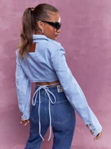 MISSGUIDED بليزر محصور من الجينز الممِيز بأربطة تصميم الظهر المتقاطعة، أزرار أمامية مصممة، أكمام طويلة، ضرورية للخزانة الصيفية والربيعية