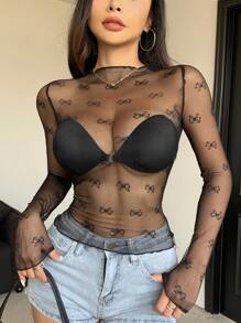 DAZY Camiseta de malla de manga larga transparente con estampado sencillo para uso diario y salir, blusas para mujer - Negro - Ver 1
