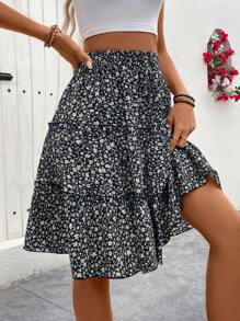 SHEIN LUNE 女士新鮮小花印花荷葉邊裙子（隨機印花） - 黑色 - 查看 4