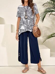 EMERY ROSE Summer Casual Rural Vacation Asymmetrical Short Sleeve Women's 2pcs Set, Versatile - Multicolor - View 2