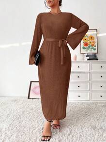 Vionelle Plus Size Round Neck Belted Casual Long Sleeve Dress Maxi Women Outfit - Coffee Brown - View 3