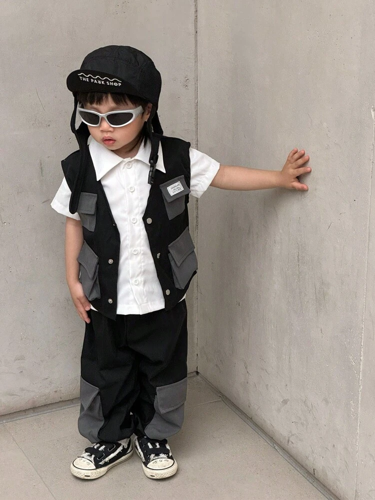 3pcs/Set Infant Boys' Summer Woven Simple White Short Sleeve Shirt, Contrasting Black Workwear Multi-Pocket Cardigan Vest With Contrasting Black Pocket Woven Workwear Pants Street Fashion Outfit