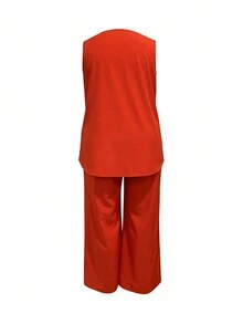Minimalist Casual Solid Color Round Neck Sleeveless Vest And Loose Wide Leg Pants Women's Suit - Orange - View 2