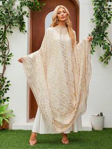 Conjunto Feminino de 2 Peças com Capa Bordada Floral, Kaftan Árabe Modesto de Manga Longa e Comprimento Máxi