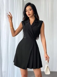 Firerie Ladies' Solid Color Sleeveless Dress With Suit Collar And Pleats, Summer - Grey - View 1