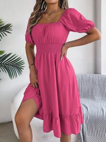 Spring/Summer Casual Holiday Puff Sleeve Waisted Dress - Màu Hồng Tươi - Xem 4