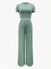 Fashionable Solid Color Round Neck Short Sleeve Top And Pleated Knitted Pants Set, Summer - Green - View 3