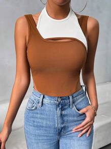 Calvaya Top de tanque sin espalda con tirantes de espagueti de bloque de color de moda para mujeres en verano