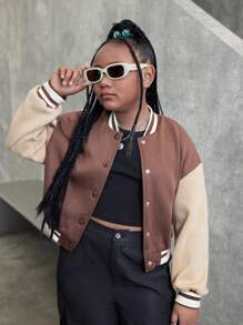 SHEIN Jacke für Tween Mädchen in erweiterter Größe mit Farbblock-Muster und langen Ärmeln, geeignet für Lässig kleidung im Herbst