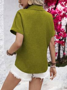 Calvaya 休闲女士 H 领衬衫，短袖上衣 - 綠色 - 查看 2