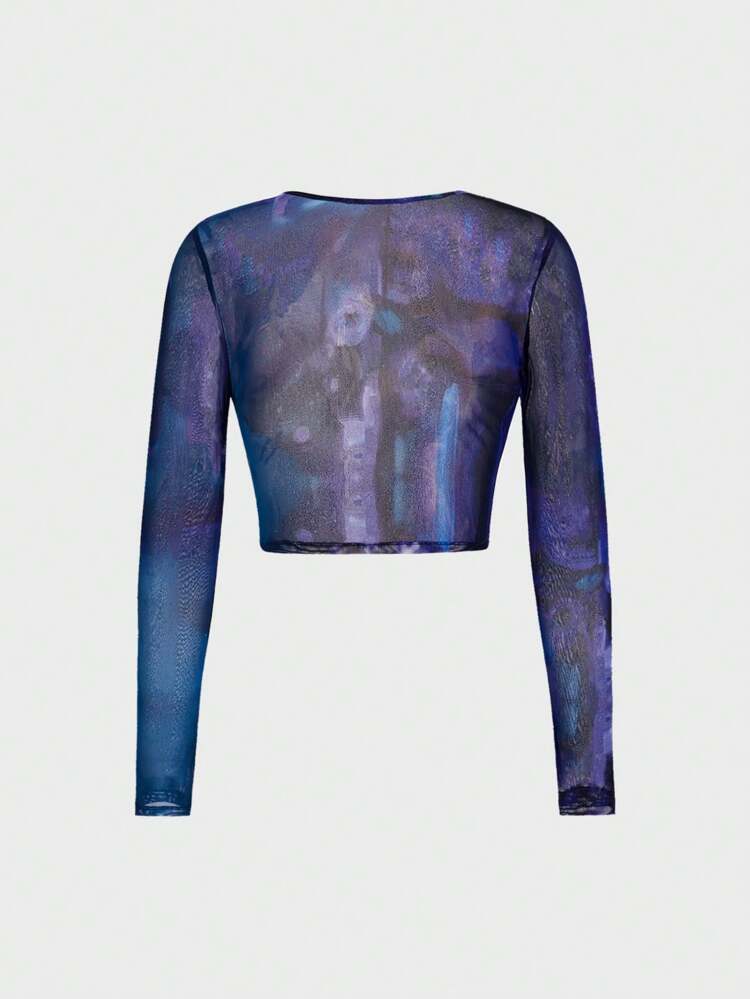 Women's Y2K Futuristic Anime Character Printed See-Through Mesh Top