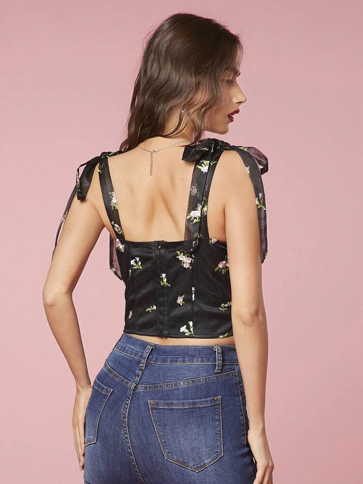 Women's Floral Embroidery Knotted Wide Strap Romantic Summer Tank Top