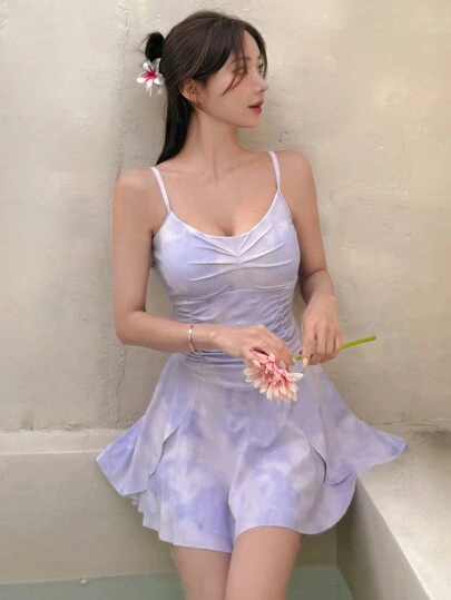 DAZY 女士连体泳衣连衣裙款式，性感优雅保守显瘦泳装，夏季度假邮轮女装