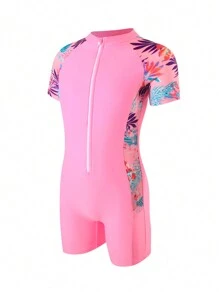 SHEIN Tween Girl Plant Print Zip Front One Piece Swimsuit