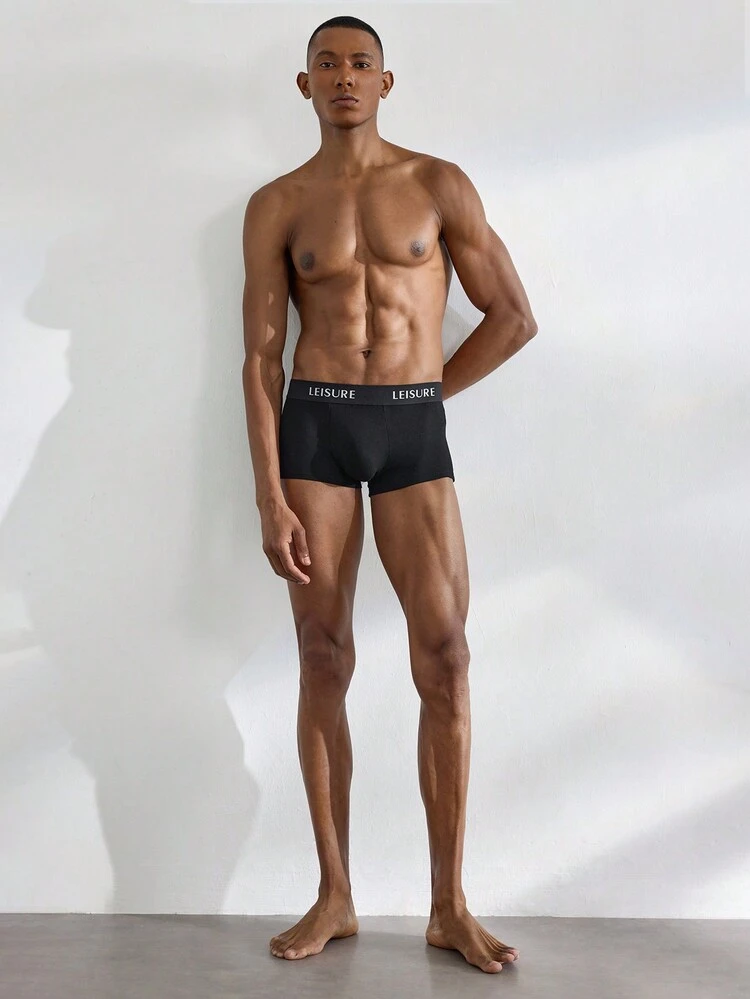 Leisure Lightweight & Comfy Men's Letter Pattern Woven Waistband Boxer Briefs-Black