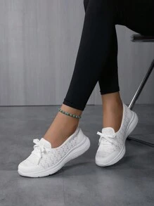 新款网面女鞋春夏平底白色系带休闲鞋，低帮设计，尺码35-42，女士运动鞋 - 白色 - 查看 3